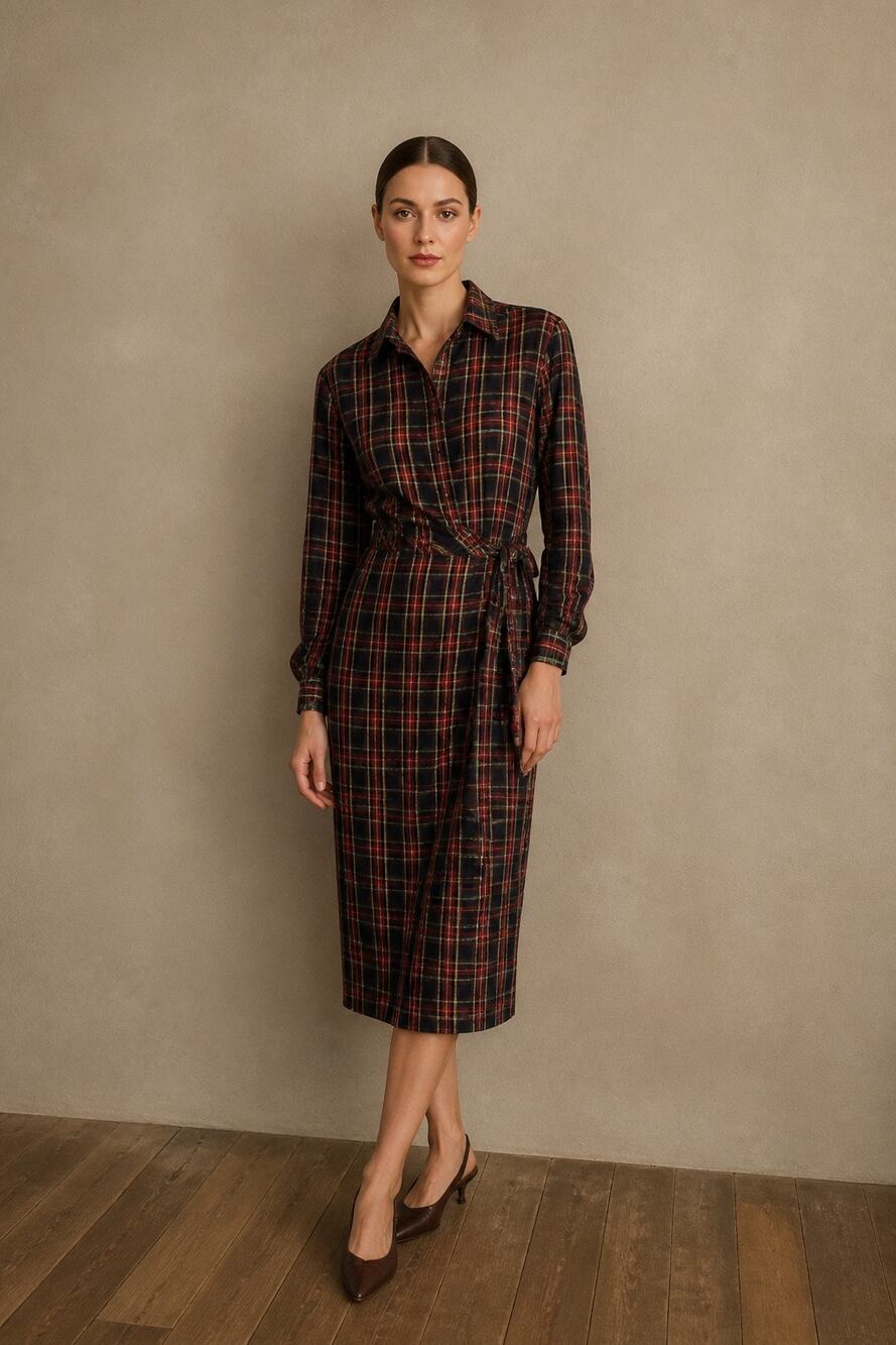 Talbots Women's 10 Tartan Red and Black Plaid Long Sleeve Fringe Trim Wrap Dress